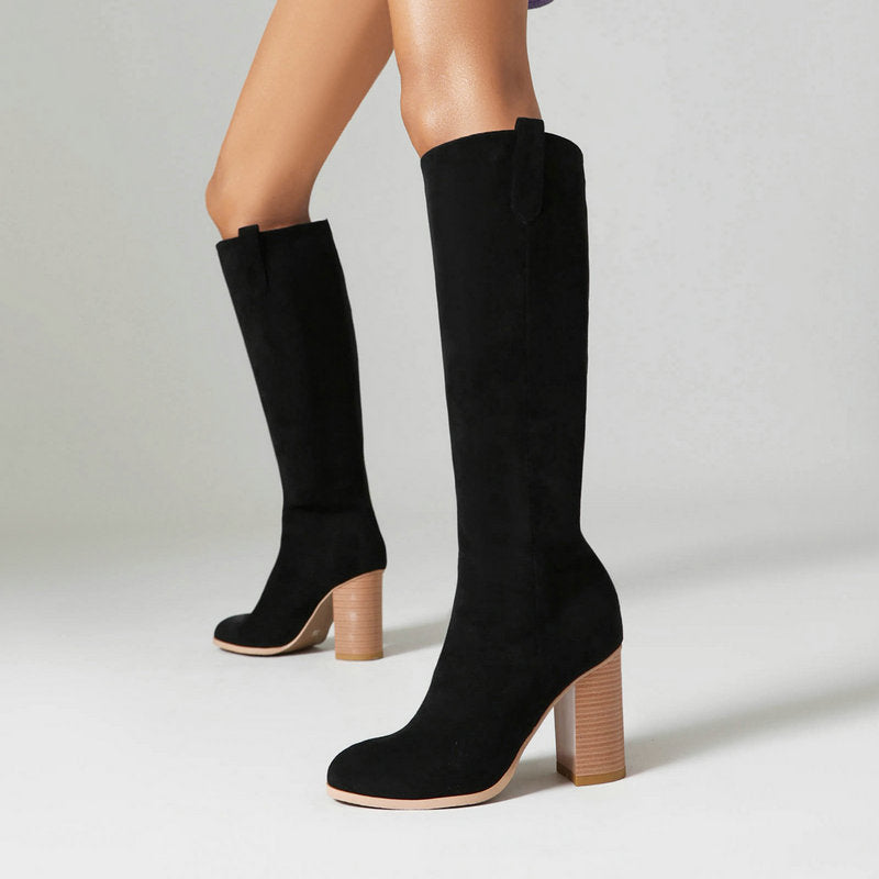 Striking Suede Long Boots for Women | Chunky Heel & Round Toe Winter Boots