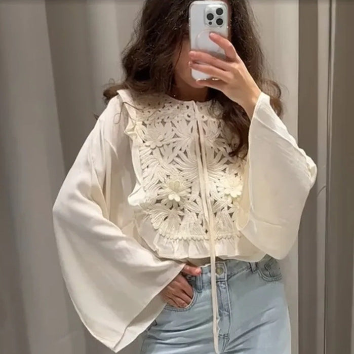 Hollow Embroidered Bell Sleeve Shirt & Short Skirt Two-Piece Outfit Set | Trendy Street Style Style 2025