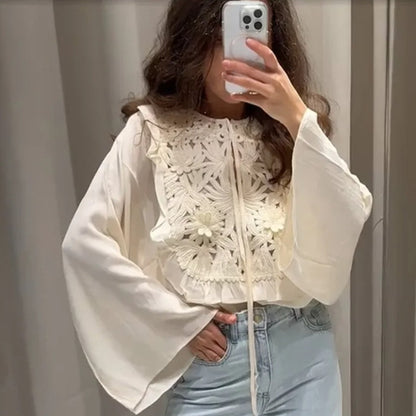 Hollow Embroidered Bell Sleeve Shirt & Short Skirt Two-Piece Outfit Set | Trendy Street Style Style 2025