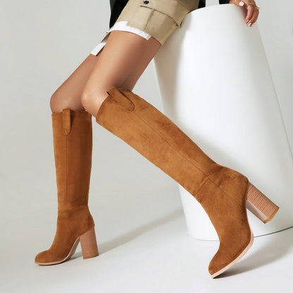 Striking Suede Long Boots for Women | Chunky Heel & Round Toe Winter Boots