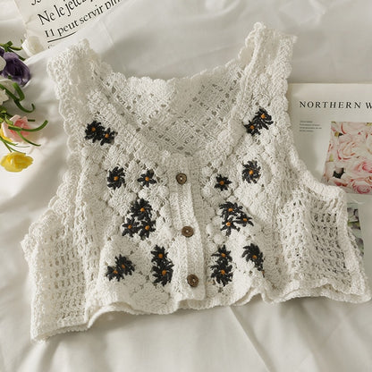 French Style Floral Pattern Crochet Sleeveless Crop Top