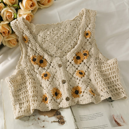 French Style Floral Pattern Crochet Sleeveless Crop Top