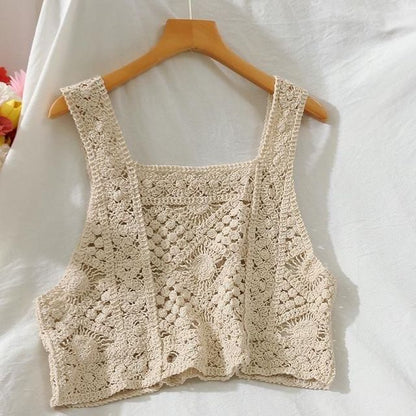 French Style Floral Pattern Crochet Sleeveless Crop Top