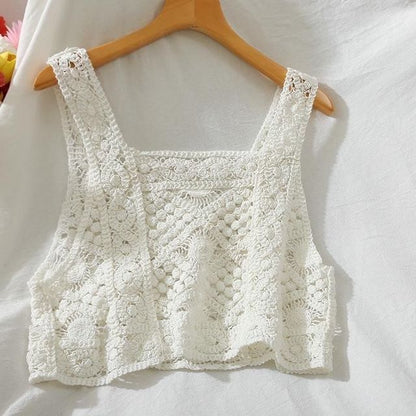 French Style Floral Pattern Crochet Sleeveless Crop Top