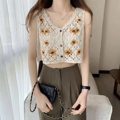 French Style Floral Pattern Crochet Sleeveless Crop Top