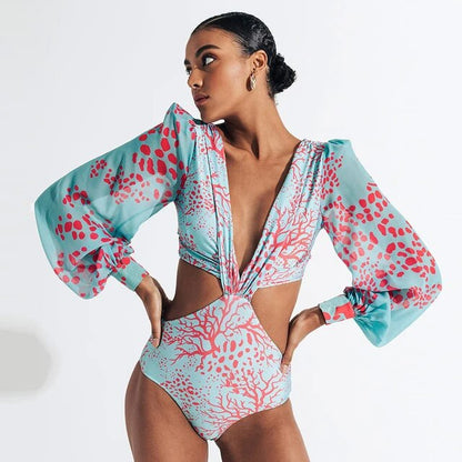 2025 Plus Size Printed Long Sleeve Swimwear for Women - Deep V One Piece Swimsuit, Beach Bodysuit