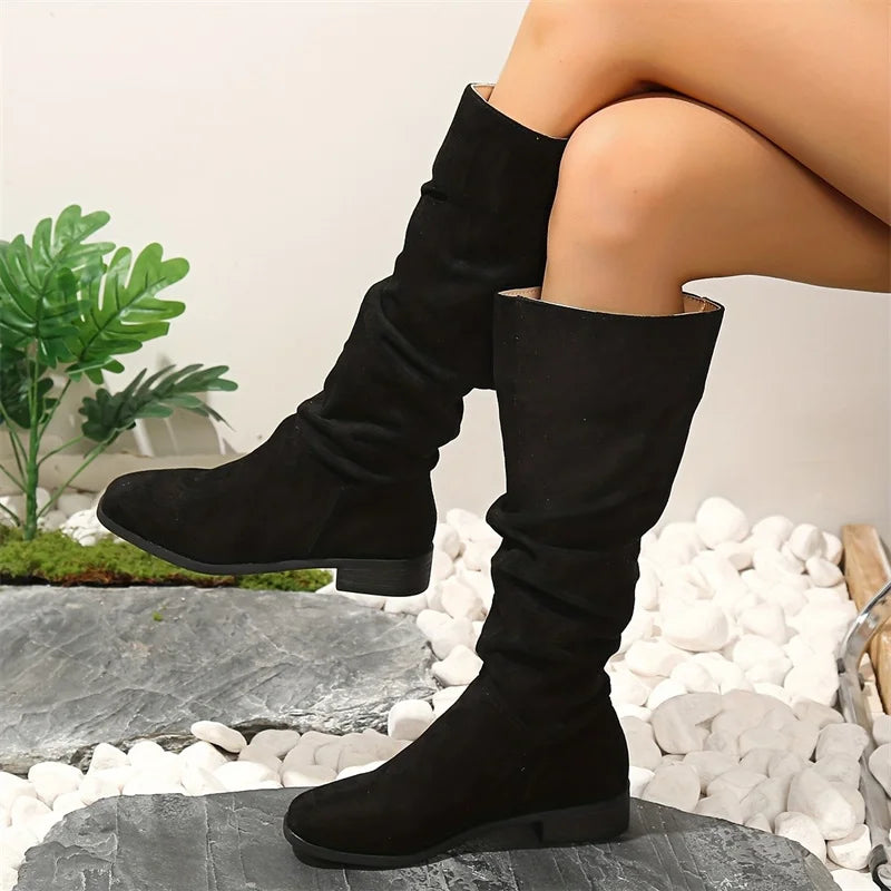 Autumn New Style Women's Boots – Black Tied Vintage Rough Fleece, Medium High Stack Heel Riding Boots