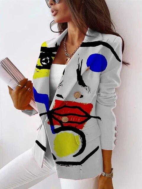 Chic Big Eyes Cool Print Double Breasted Blazer Jacket For Women