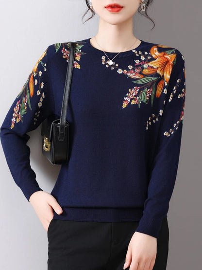 Korean Fashion Printed O-Neck Sweater: Spring/Autumn Pullover with Slim Fit