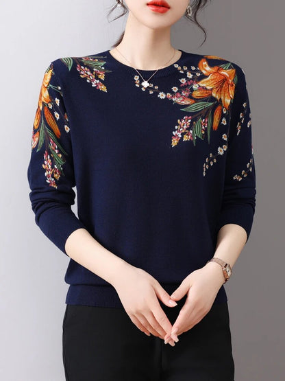 Korean Fashion Printed O-Neck Sweater: Spring/Autumn Pullover with Slim Fit