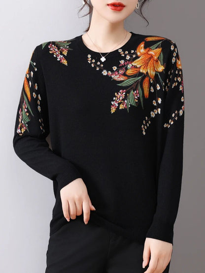 Women's Printed Knitted Sweater – Soft O-Neck Slim Pullover, Korean Fashion Long Sleeve Top for Spring/Autumn