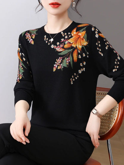 Women's Printed Knitted Sweater – Soft O-Neck Slim Pullover, Korean Fashion Long Sleeve Top for Spring/Autumn