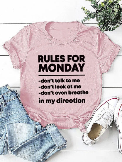 RULES FOR MONDAY Letter Print Women’s T-Shirt – Short Sleeve O-Neck Loose Fit Tee Shirt for Ladies