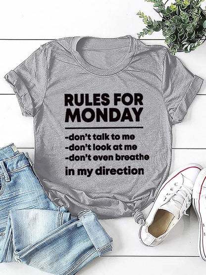 Rules For Monday Printed O-Neck T-Shirts For Women