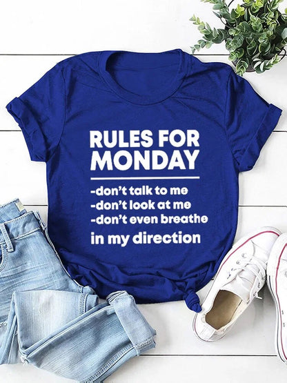 RULES FOR MONDAY Letter Print Women’s T-Shirt – Short Sleeve O-Neck Loose Fit Tee Shirt for Ladies