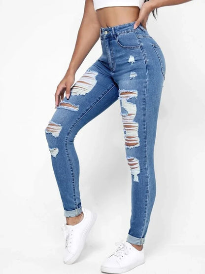 Judi in Street Style Ripped Skinny Mid Waist Denim Pants