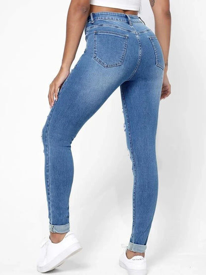 Judi in Street Style Ripped Skinny Mid Waist Denim Pants