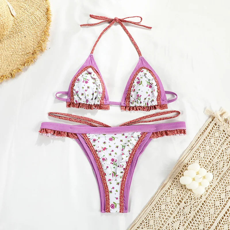 Vintage Floral Ruffle Detail String Bikini Aesthetic