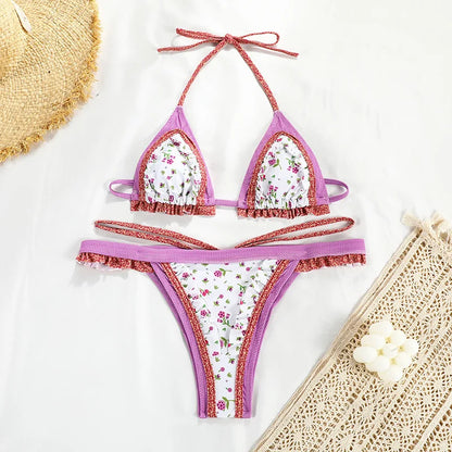 Vintage Floral Ruffle Detail String Bikini Aesthetic