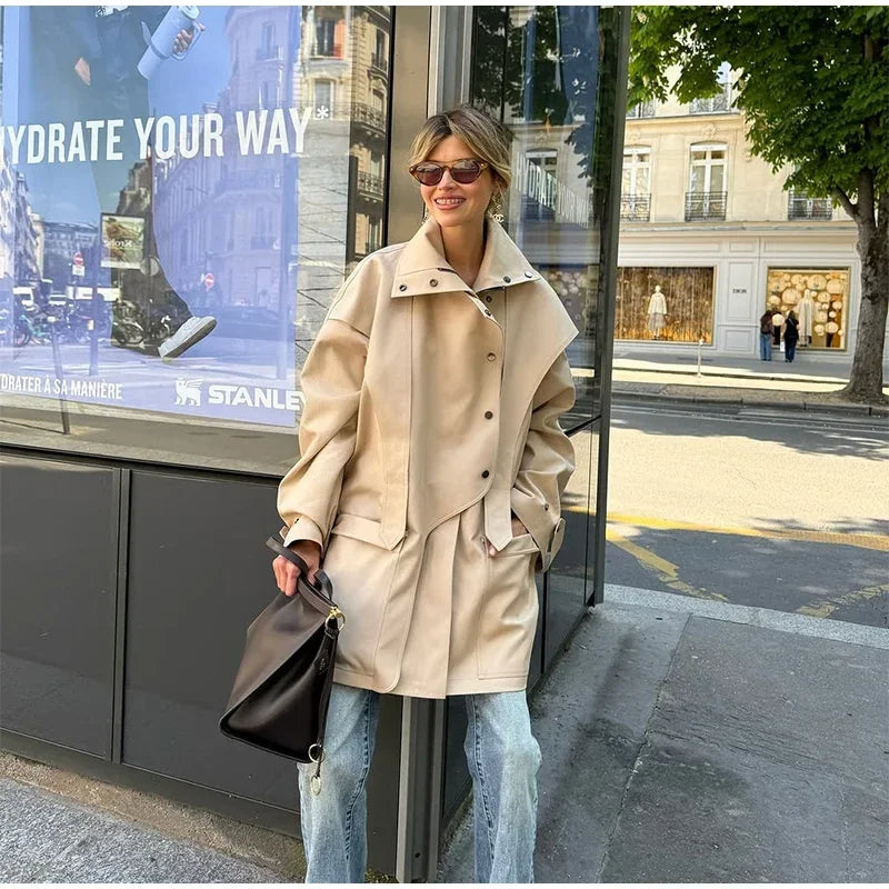 Cotton Khaki Long Turn Down Collar Belted Women Trench Coat