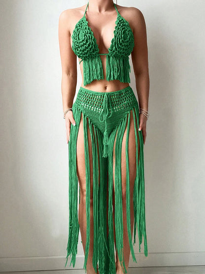 Vintage Traditional Embroidery High Waist Bikini Set And Cover Up