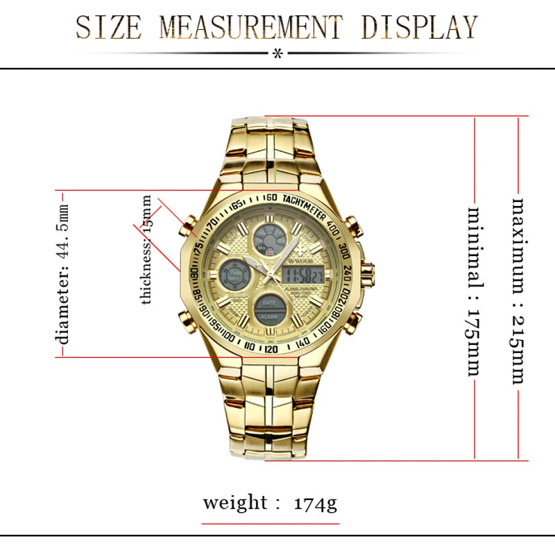 Mens Dual Rich Display Stainless Steel Golden Class Watches