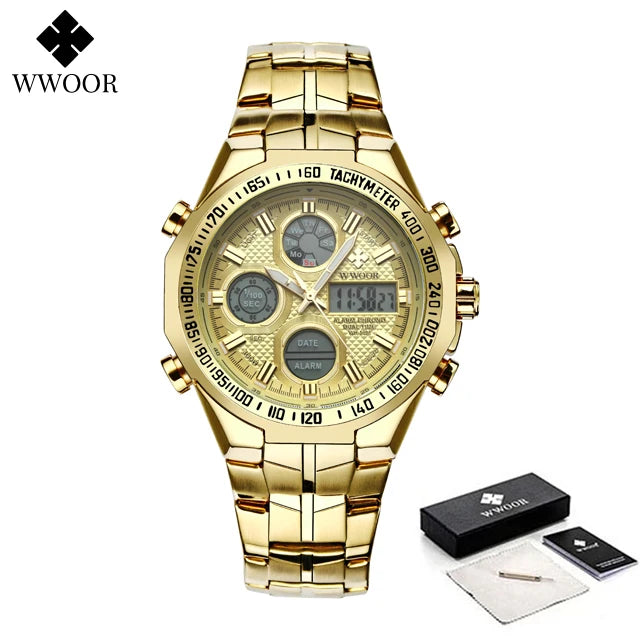 Mens Dual Rich Display Stainless Steel Golden Class Watches