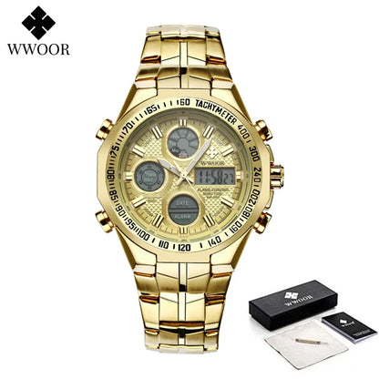 Mens Dual Rich Display Stainless Steel Golden Class Watches