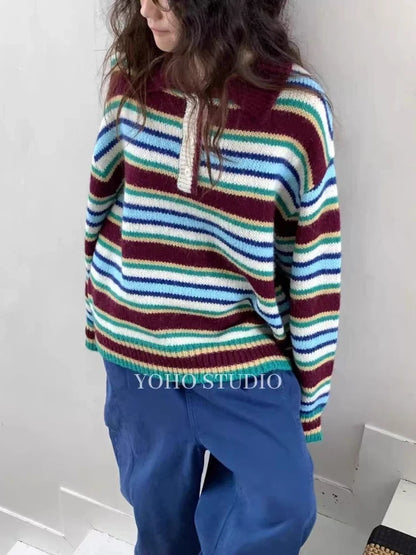 Vintage Cool Design Contrast Stripe Lace Up V Neck Sweater