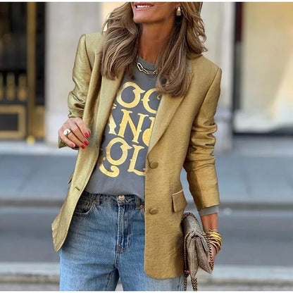 Gold V-Neck Blazer: Stylish Autumn Jacket for Women's 2024 Fashion