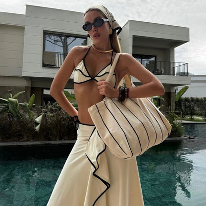 Cream and Black Contrast Trim Bikini with Matching Skirt and Tote Bag Aesthetic