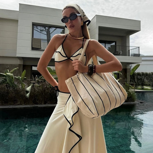Cream and Black Contrast Trim Bikini with Matching Skirt and Tote Bag Aesthetic