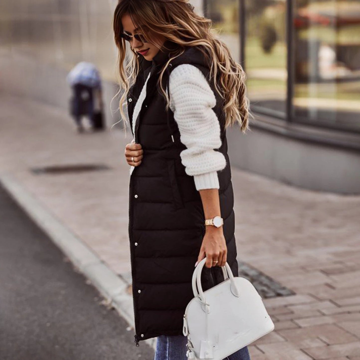 2025 Womens Long Winter Quilted Hooded Vest Sleeveless Down Cotton Jacket With Pockets Warm Outdoor Coat S 5xl