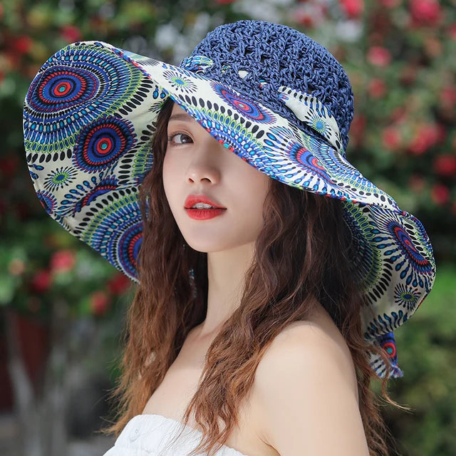 Summer Beach Style Bucket Folding Flower Pattern Straw Hat For Women