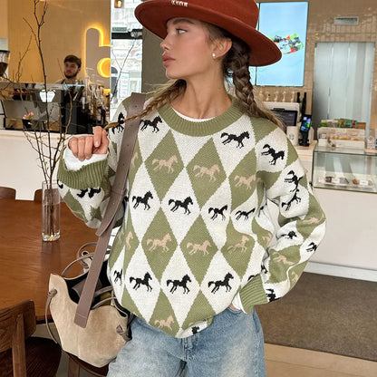 Colorful Patchwork O Neck Long Sleeve Women Sweater