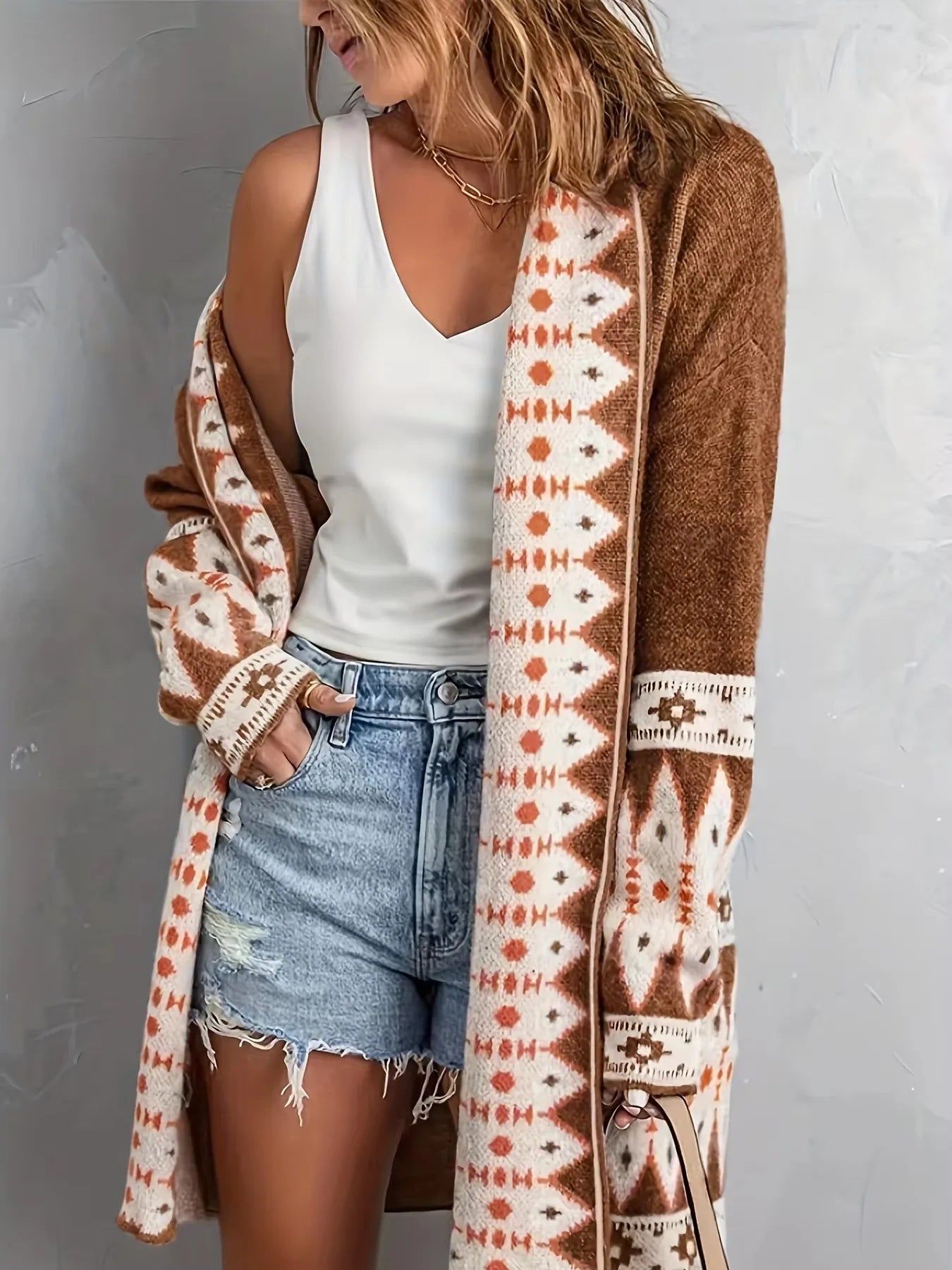 Boho Geometric Knit Cardigan for Women – Mid-Length Casual Sweater