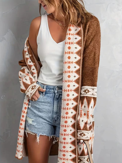 Boho Geometric Knit Cardigan for Women – Mid-Length Casual Sweater
