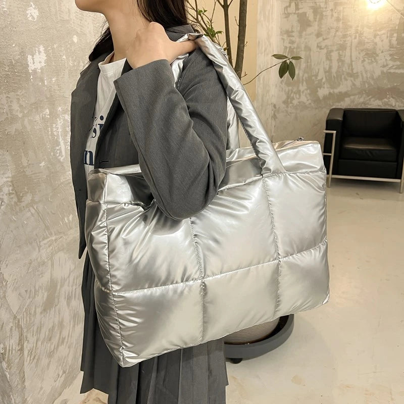 Quilted Winter Shoulder Bag Large Capacity Elegant Cloud Cotton Padded Tote For Fashionable Vacations