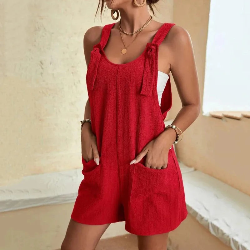 Retro Button Sleeveless Beach Romper Solid Cross Pants Casual Loose Hooded Jumpsuit For Women Summer Streetwear
