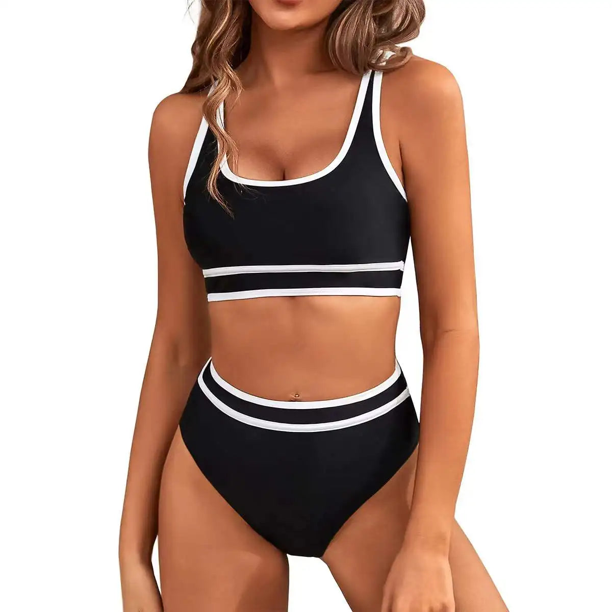 Sporty Chic Black and White Striped High Waisted Bikini Aesthetic