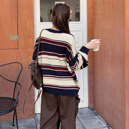 Womens Color Block Striped Loose Fit Winter Sweater