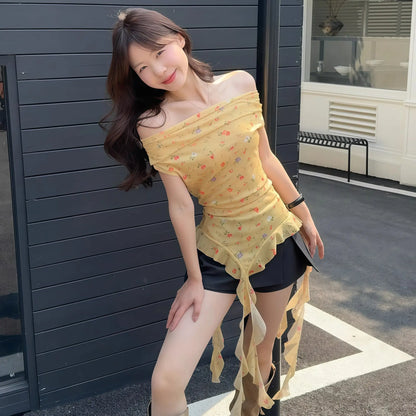 Big Flower Ruffle Design Chic Asymmetric Tops