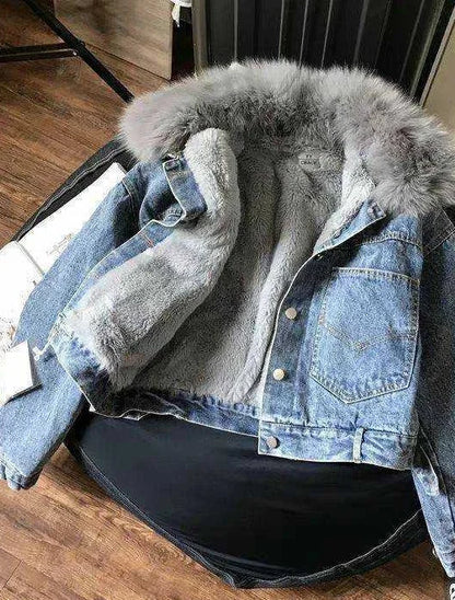 Wool Inside Fur Plush Neck Crop Women Denim Jackets