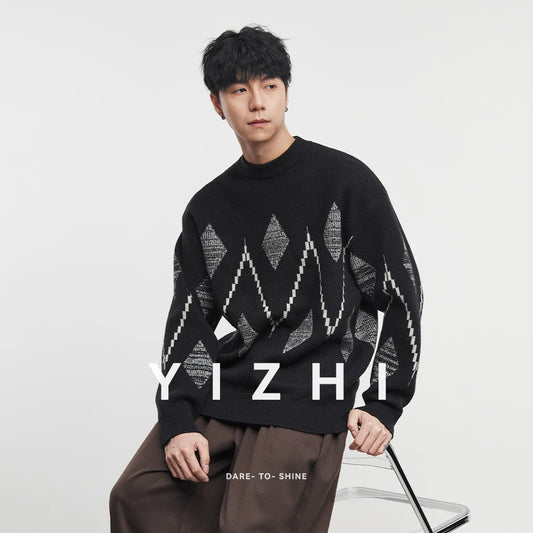 Minimalist Streetwear: Men's Oversized Argyle Geometric Knit Sweater