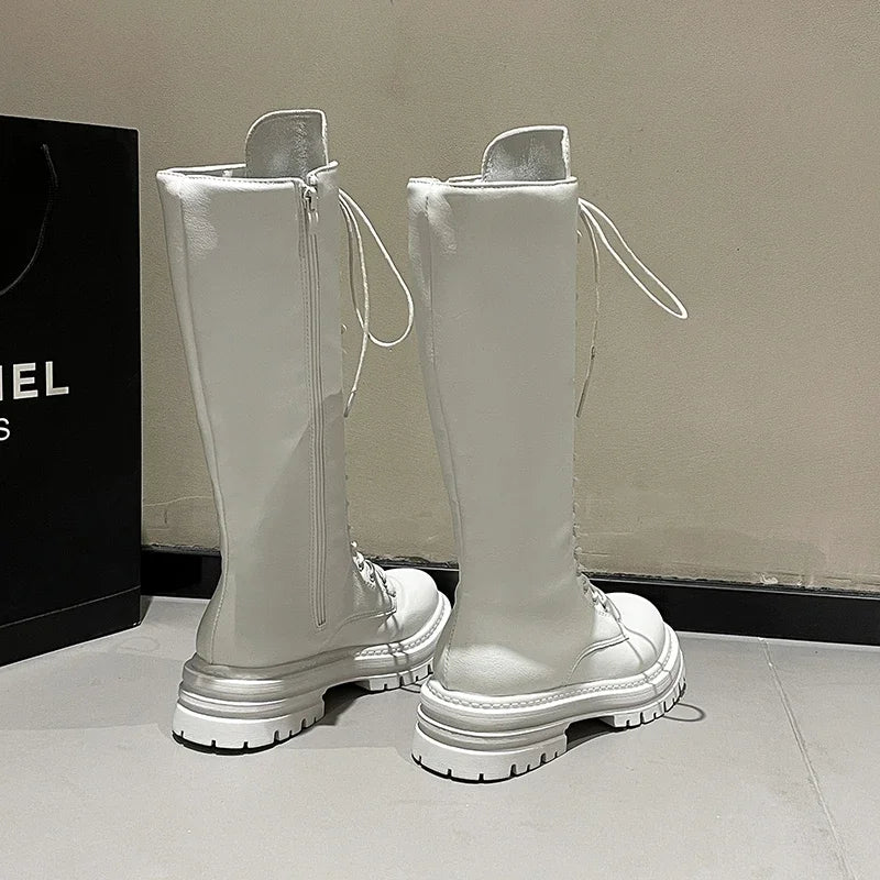 Women’s Knee-High Platform Boots 2025 – Korean Style PU Leather Fleeced Chunky Heel Winter Boots