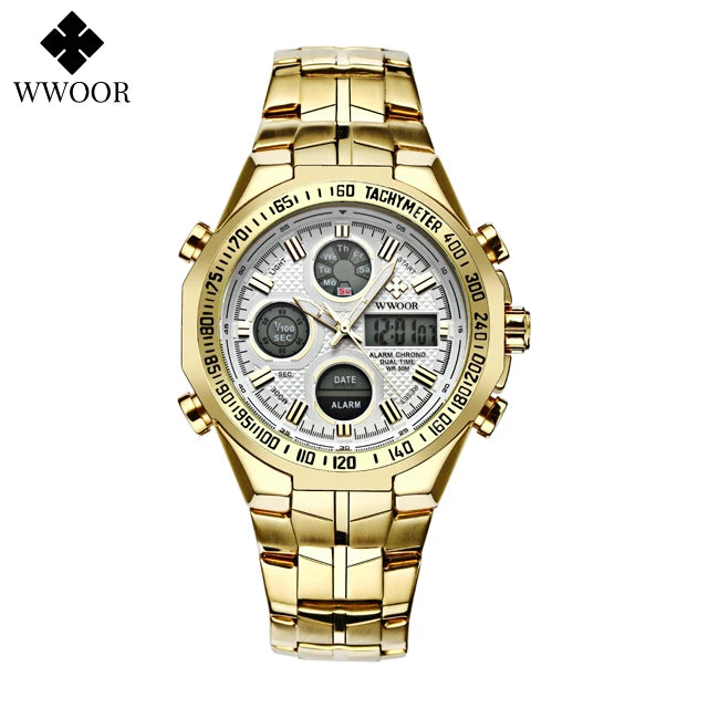 Mens Dual Rich Display Stainless Steel Golden Class Watches