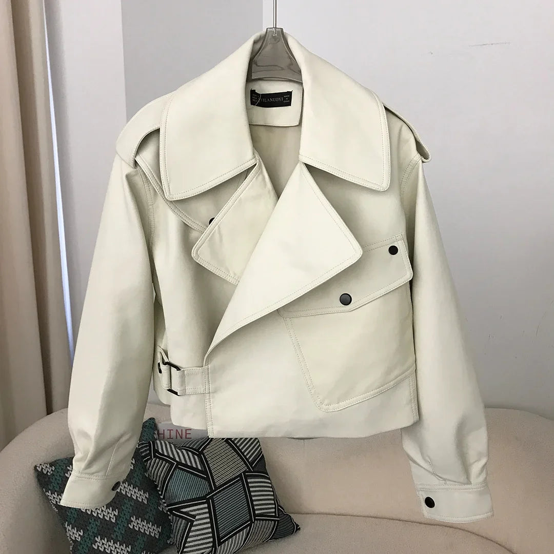 2025 New Womens Black Faux Leather Bomber Jacket Button Up Short Coat Turn Down Collar Moto Biker Style For Spring Autumn