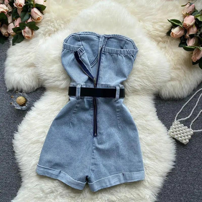 Off Shoulder Denim Romper for Women – Vintage Wide Leg Summer Jumpsuit 2026