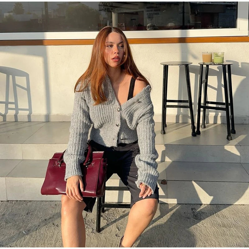 Elegant Gray Knit Cardigan for Women – 2025 Autumn Streetwear