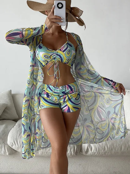 Women's 3-Piece High Waist Bikini Set – Printed Swimsuit with Long Sleeve Smock & Drawstring